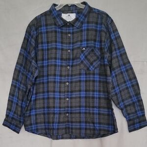 Plaid Button-Up Cotton Shirt - Black and Blue, Size 2XL, Long Sleeves